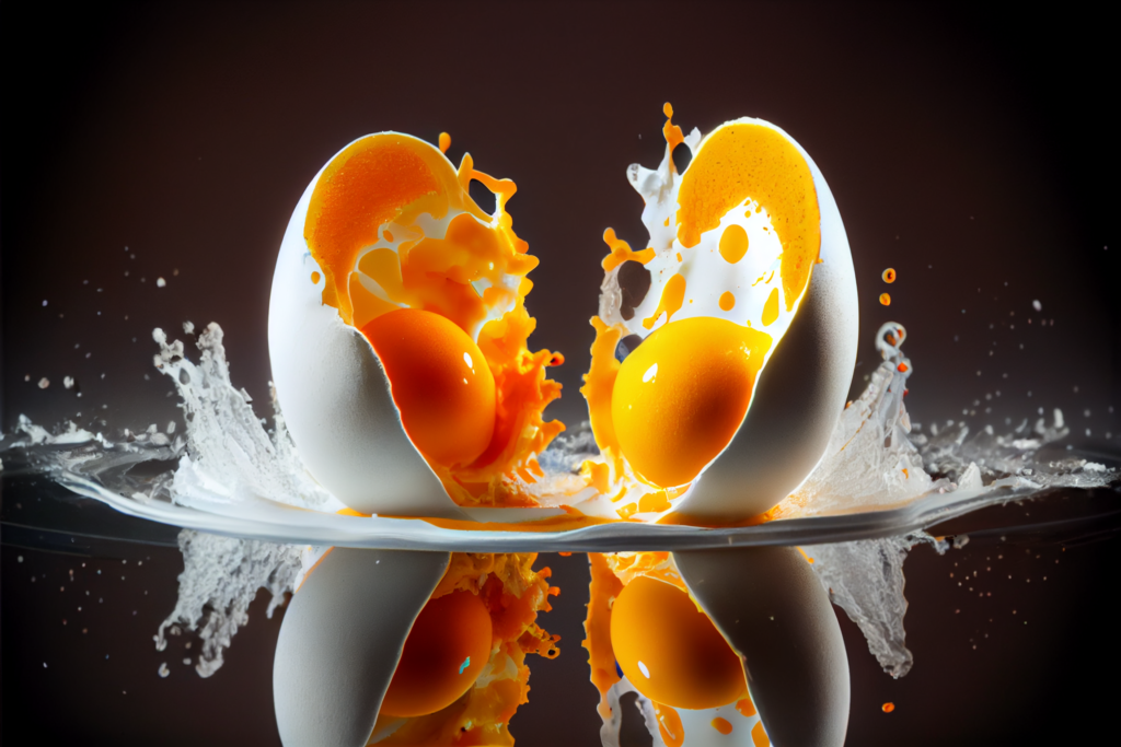 midjourney prompt: /imagine explosion between 2 eggs yolk and white --ar 3:2 --q 2 --upbeta --v 4 