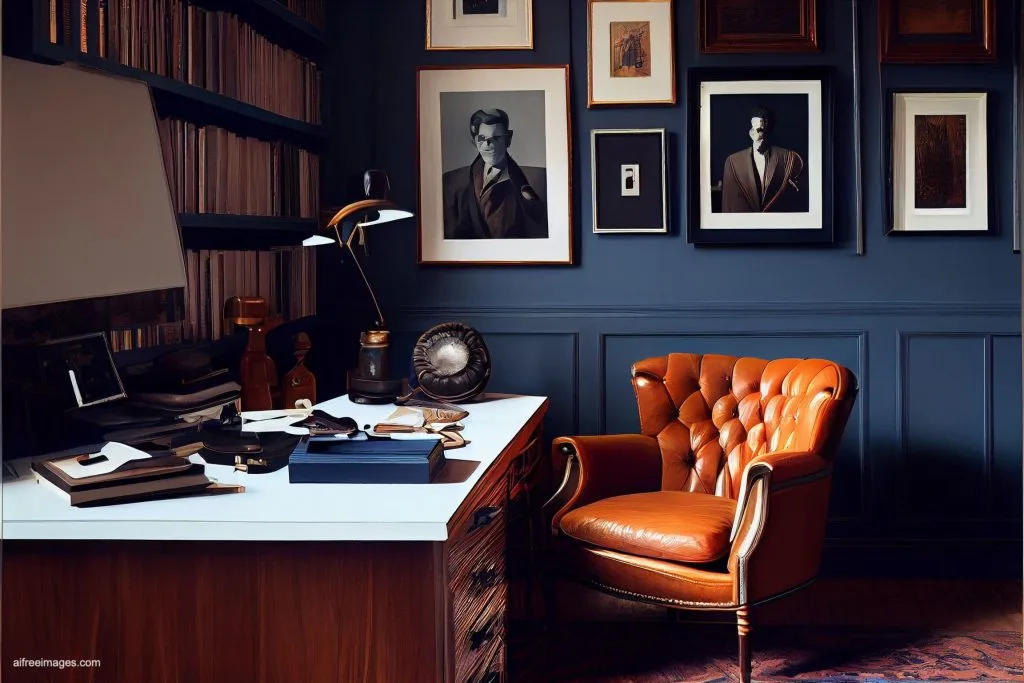 The gentleman study library with details 3 despacho oficina estudio biblioteca silla cuero moderno estilo ia 03