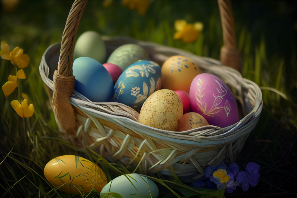 colorvivo Painted Eggs In Basket On Grass In Sunny Orchard 11236bf5 5371 4357 8739 f3766edcd7a9