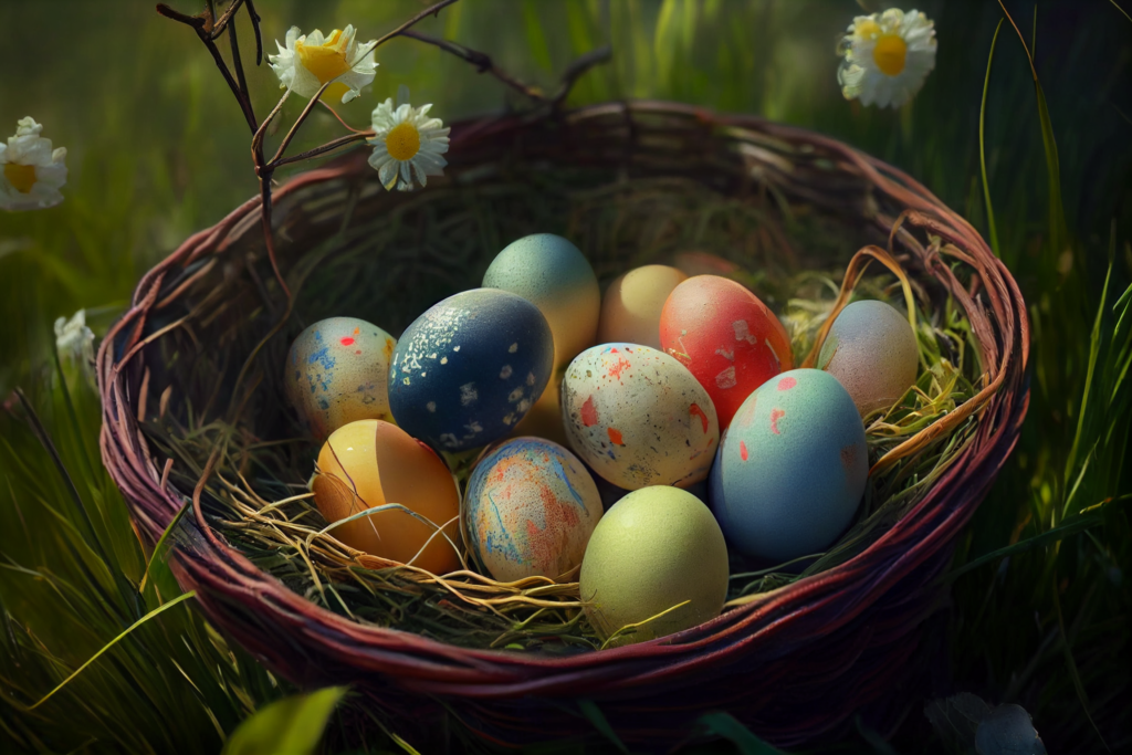 colorvivo Painted Eggs In Basket On Grass In Sunny Orchard 569ff67d f03d 4820 9890 c8e920377e12