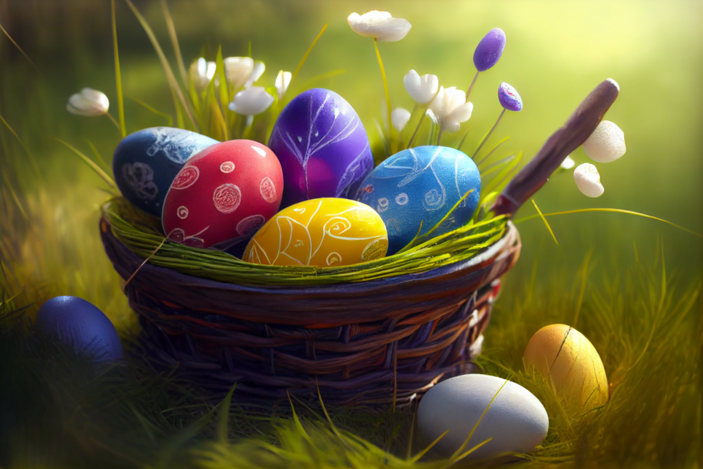 colorvivo Painted Eggs In Basket On Grass In Sunny Orchard 81f48f24 41ea 4edd 9e9b bb71f0f03035