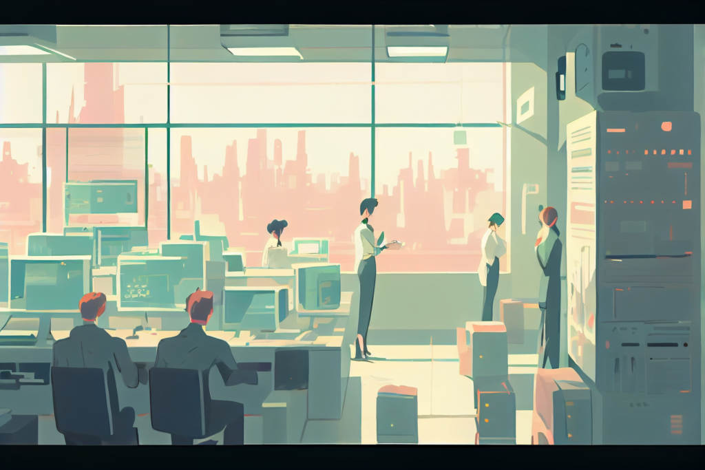 AI Prompt: [cute, soft colours/happy, sci fi future], [4 cute anime men and women talking to each other in a super futuristic office with lots of computers and advanced technology, there is a sci fi cityscape in the background outside the window of the office] Artwork by atey ghailan and james gilleard and studio ghibli and Sam Yang and David Ardinaryas Lojaya and Nicholas Kole --chaos 25 --v 4 --upbeta --ar 3:2