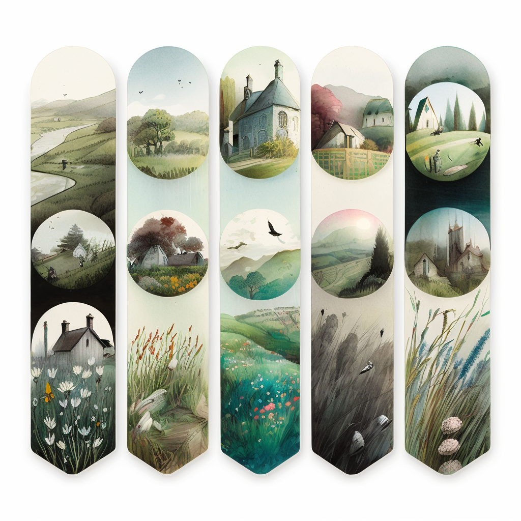 bookmarks, round ends on top, by kazuo oga, Sam Bosma, loré pemberton, beatrix potter, Kailey Whitman, Jon Klassen, graphic fantasy themed aesthetic collection on seamless overlapping panel layout, the shire countryside, houses on hills, water wheel, windmills, flower fields, meadow, bridge, serene, out of frame, thematic, visual pleasing, artistic, tumblr aesthetics, limpid, decorated, well compositioned, cartoon, 2D, matte, cinematic lighting, warm colors, white background, high definition, enhanced, full page, Procreate, CorelDRAW, post production, color grading, retouch --c 4 --q 2 --v 4 --s 250