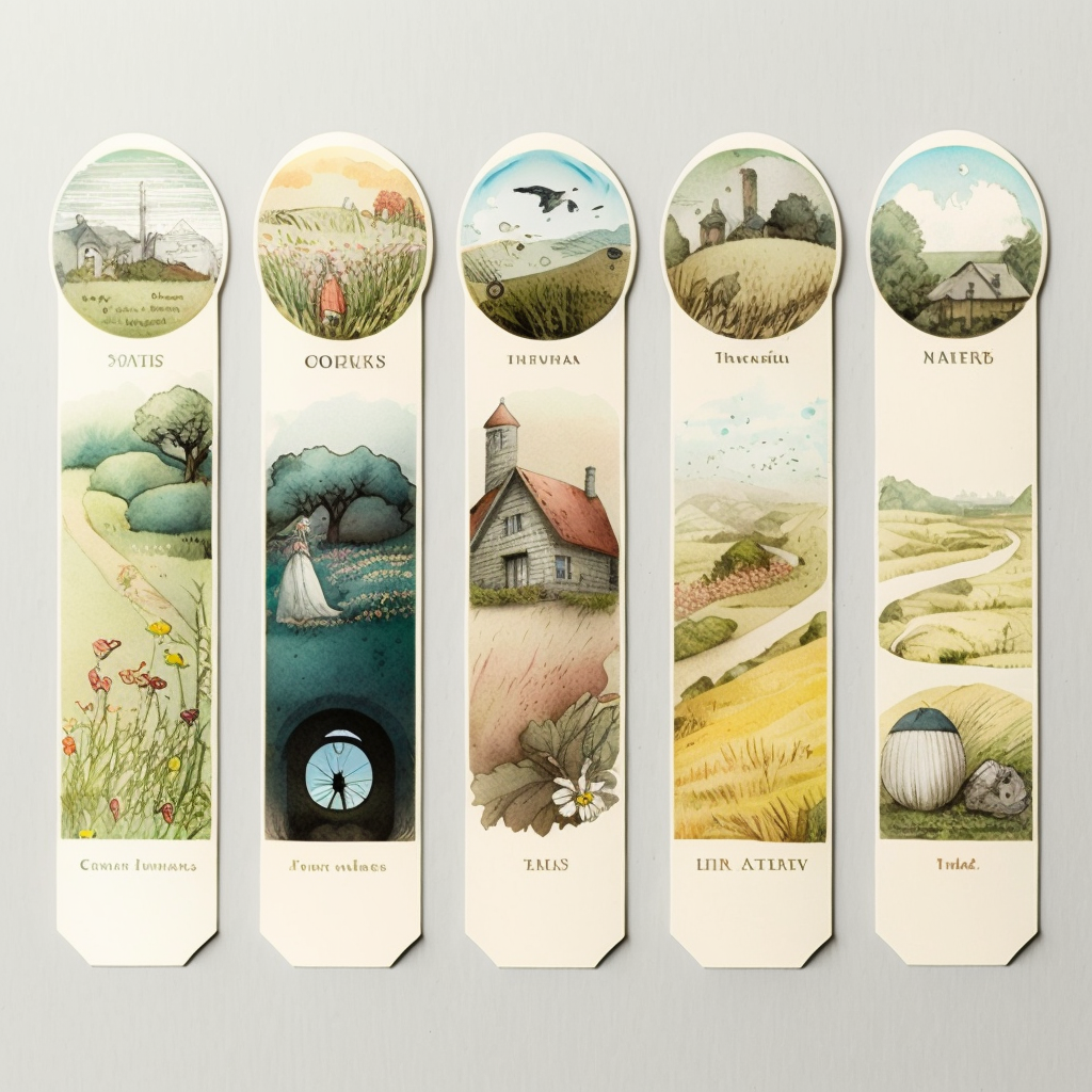 bookmarks, round ends on top, by kazuo oga, Sam Bosma, loré pemberton, beatrix potter, Kailey Whitman, Jon Klassen, graphic fantasy themed aesthetic collection on seamless overlapping panel layout, the shire countryside, houses on hills, water wheel, windmills, flower fields, meadow, bridge, serene, out of frame, thematic, visual pleasing, artistic, tumblr aesthetics, limpid, decorated, well compositioned, cartoon, 2D, matte, cinematic lighting, warm colors, white background, high definition, enhanced, full page, Procreate, CorelDRAW, post production, color grading, retouch --c 4 --q 2 --v 4 --s 250