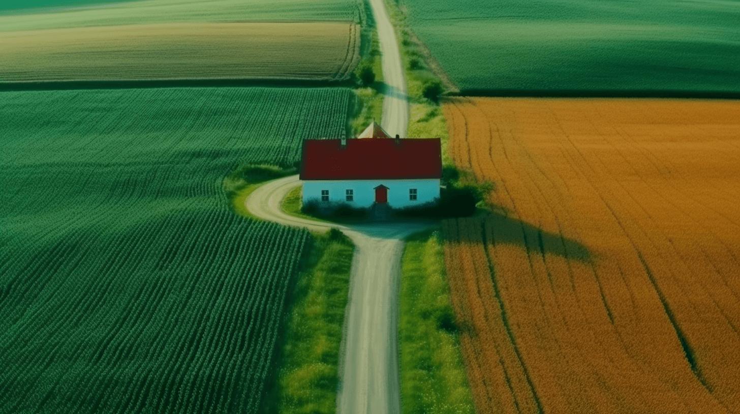 Idyllic Haven: A Cinematic Journey Through Europe's Picturesque Farmscape 4 landscape photography, hyperrealism, top view, vertical angle of view, concise imagge, a samll white house, colorful, green field color block, several little country road criss-cross, European farm Constructivism, cinematic effect, 8k, ultra detail, HD --ar 16:9 --s 1000 --q 2 --upbeta --v 5