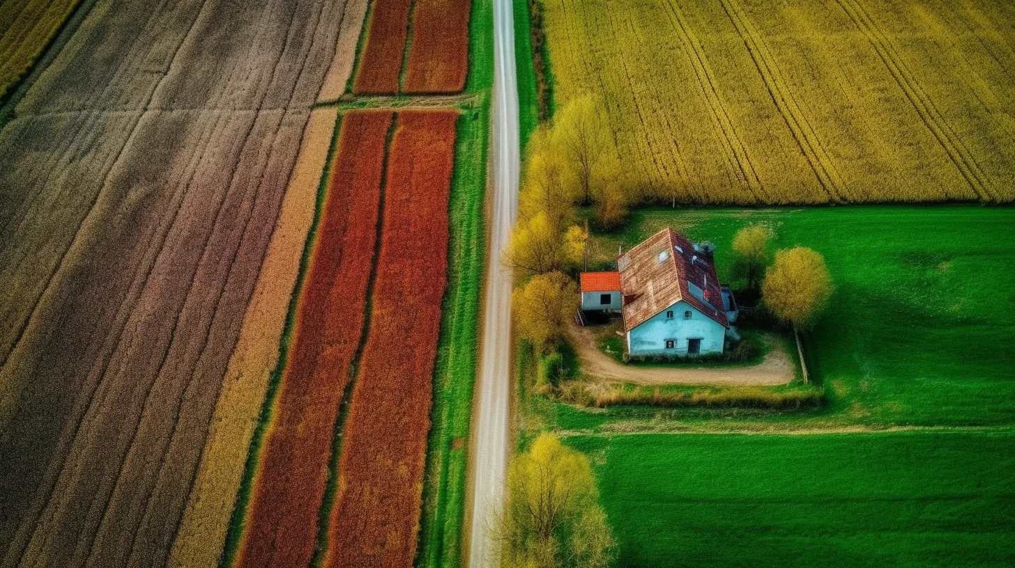 Idyllic Haven: A Cinematic Journey Through Europe's Picturesque Farmscape 1 landscape photography, hyperrealism, top view, vertical angle of view, concise imagge, a samll white house, colorful, green field color block, several little country road criss-cross, European farm Constructivism, cinematic effect, 8k, ultra detail, HD --ar 16:9 --s 1000 --q 2 --upbeta --v 5
