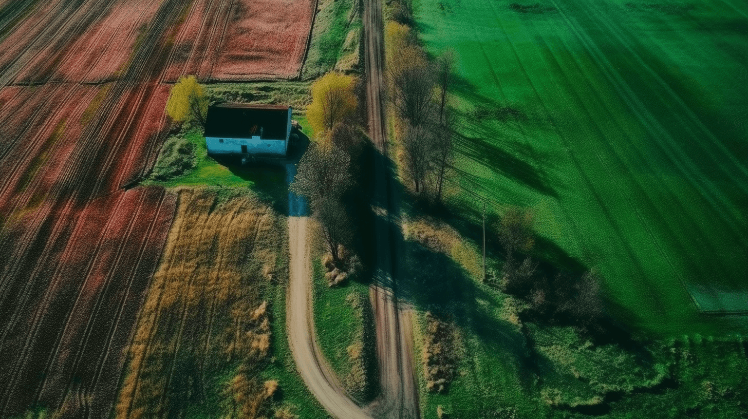 Idyllic Haven: A Cinematic Journey Through Europe's Picturesque Farmscape 2 landscape photography, hyperrealism, top view, vertical angle of view, concise imagge, a samll white house, colorful, green field color block, several little country road criss-cross, European farm Constructivism, cinematic effect, 8k, ultra detail, HD --ar 16:9 --s 1000 --q 2 --upbeta --v 5
