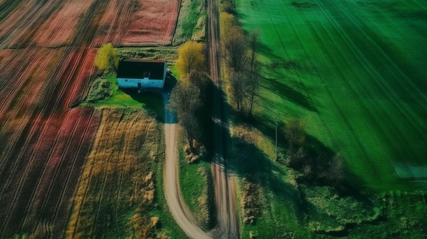 Idyllic Haven: A Cinematic Journey Through Europe's Picturesque Farmscape 2 landscape photography, hyperrealism, top view, vertical angle of view, concise imagge, a samll white house, colorful, green field color block, several little country road criss-cross, European farm Constructivism, cinematic effect, 8k, ultra detail, HD --ar 16:9 --s 1000 --q 2 --upbeta --v 5