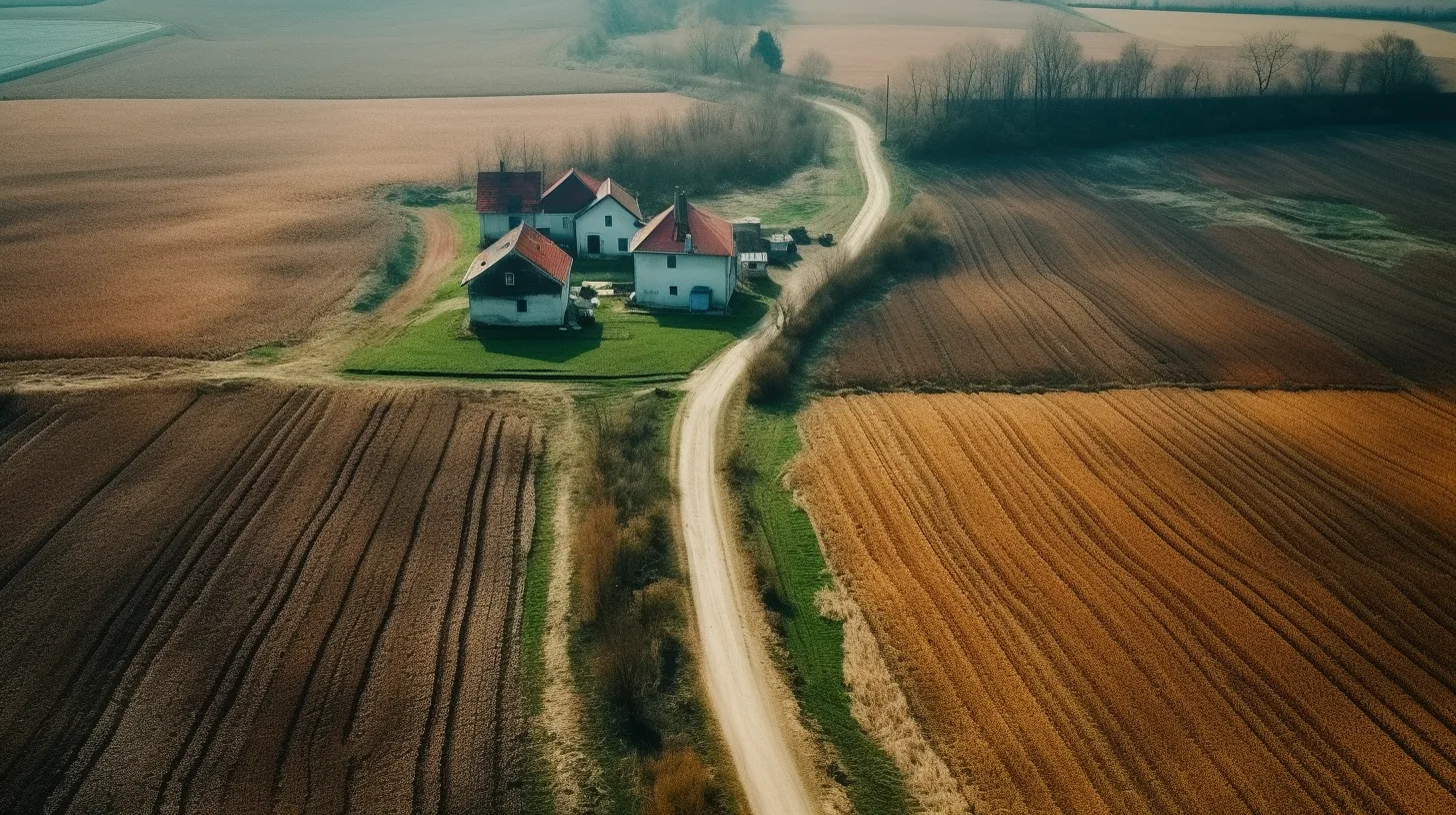 Idyllic Haven: A Cinematic Journey Through Europe's Picturesque Farmscape 3 landscape photography, hyperrealism, top view, vertical angle of view, concise imagge, a samll white house, colorful, green field color block, several little country road criss-cross, European farm Constructivism, cinematic effect, 8k, ultra detail, HD --ar 16:9 --s 1000 --q 2 --upbeta --v 5
