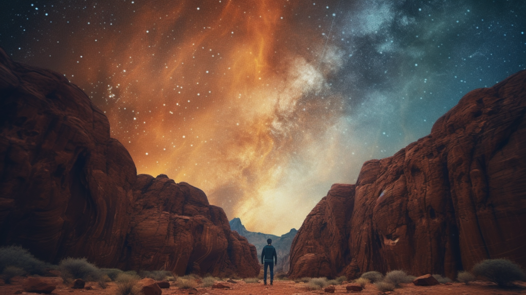 AI Prompt: Nevada, canyon, stars, evening atmosphere, starry sky, rocky formations, gentle glow, a person from back, poster film. --ar 16:9 --v 5.1