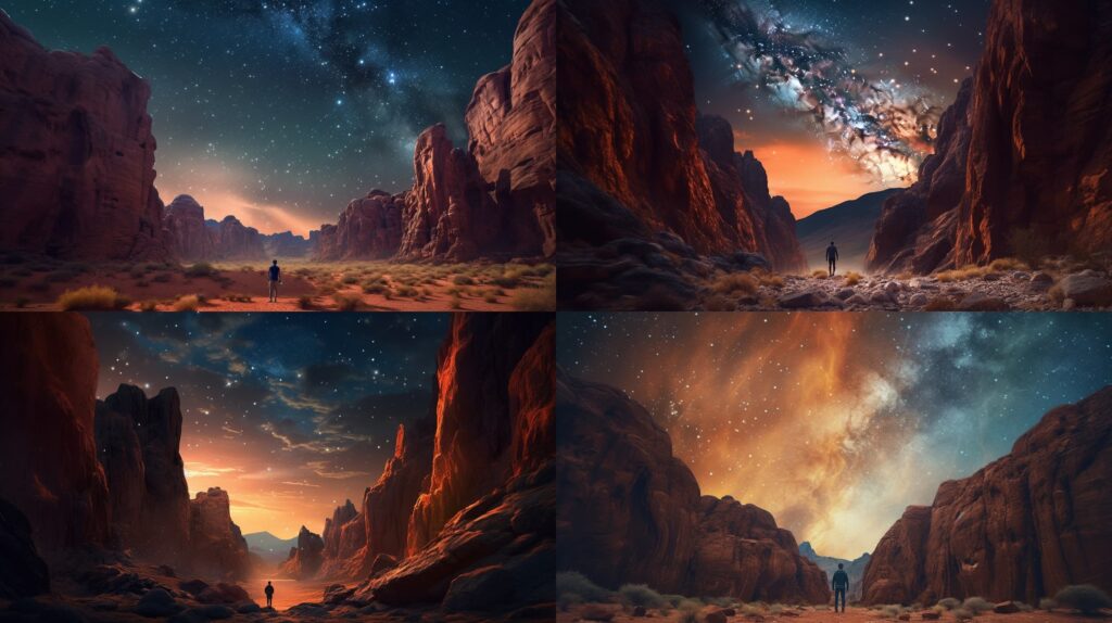 AI Prompt: Nevada, canyon, stars, evening atmosphere, starry sky, rocky formations, gentle glow, a person from back, poster film. --ar 16:9 --v 5.1